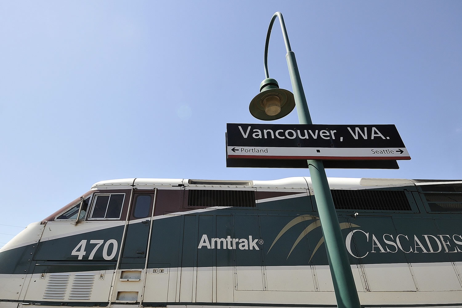 Amtrak's Cascades train headed southbound at the Vancouver Amtrak station in Vancouver.