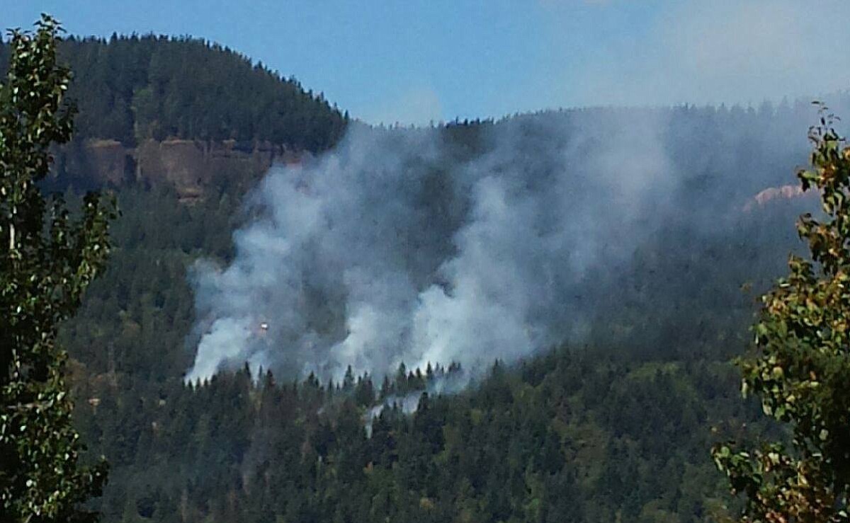 The Milepost 30 Fire burns in the western Columbia River Gorge on Saturday.