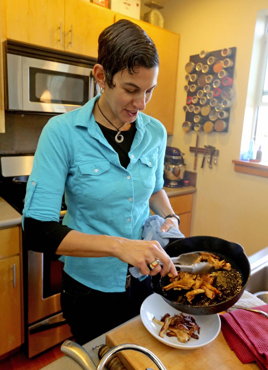Chef and author Becky Selengut sautees chanterellesin her kitchen.
