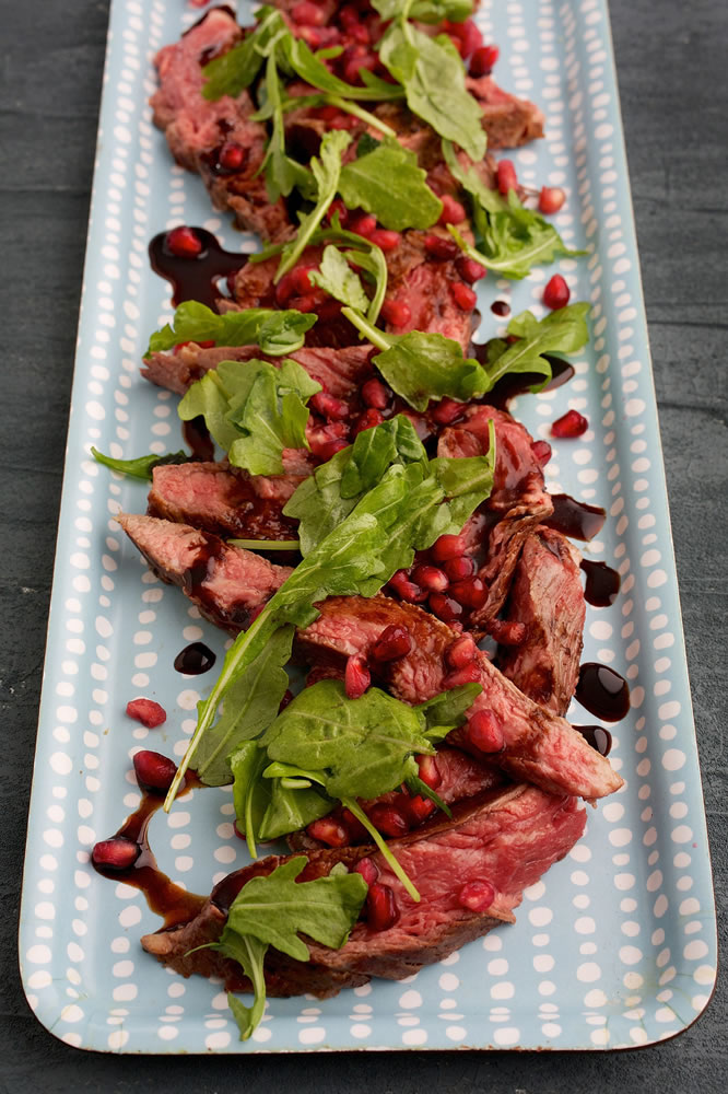 Seared Beef With Pomegranate and Balsamic Dressing.