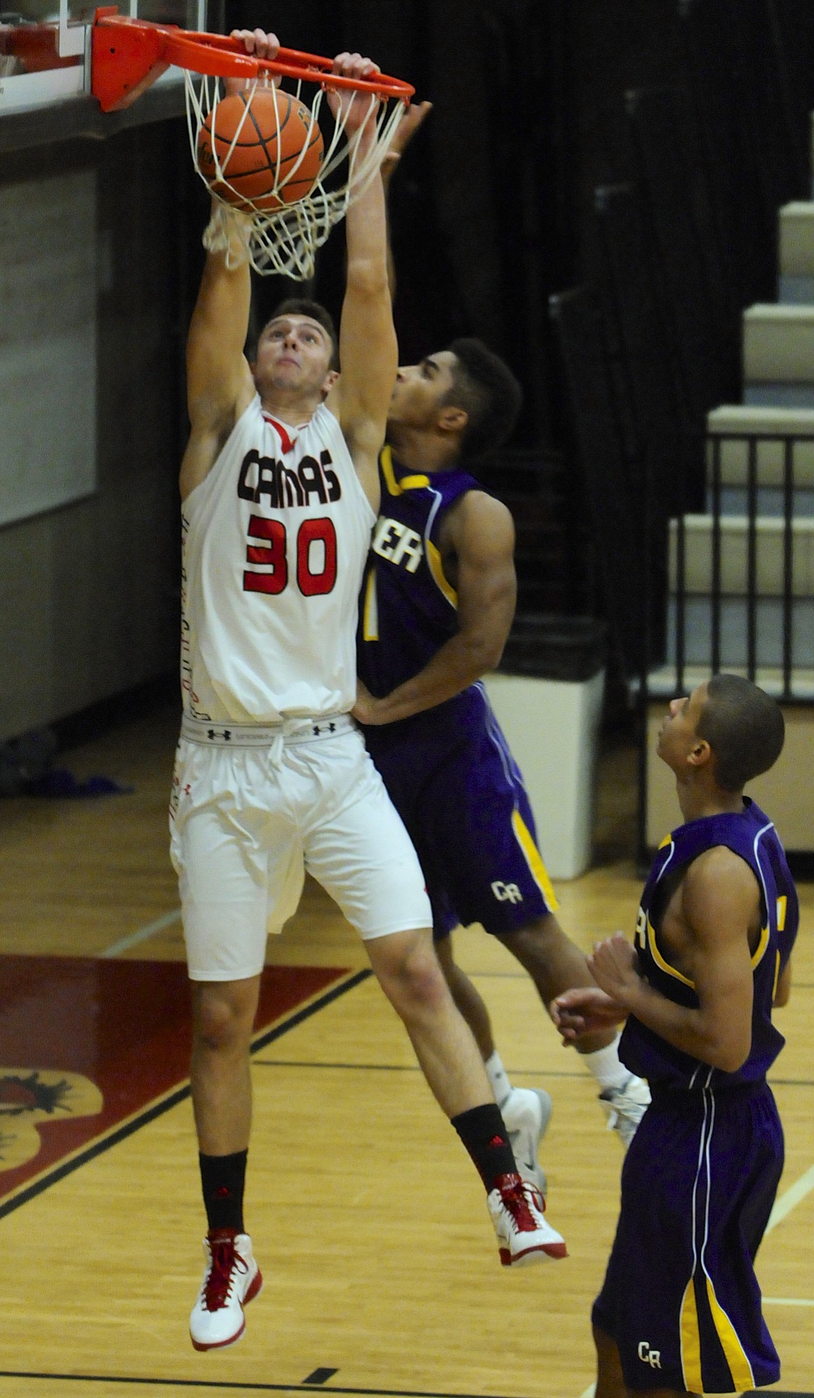 Camas' Trevor Jasinsky (30) was 7 of 7 from 3-point range and scored 31 points, also showing some of the form that brought him online honors for &quot;dunk of the fall&quot; during the Papermakers' victory over Columbia River.