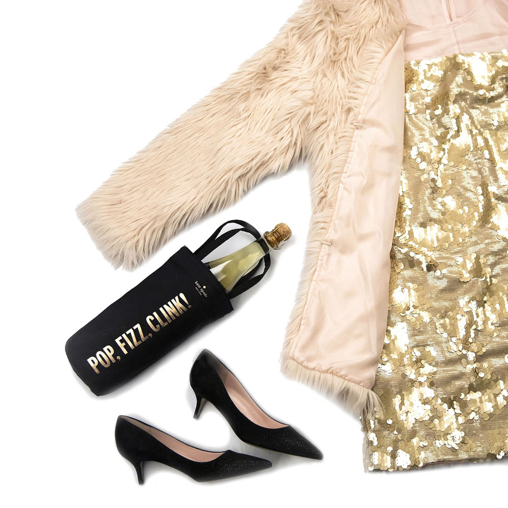 For a creative cocktail, semiformal, or after-five event, now is your chance to dazzle. Don't wear something that makes you uncomfortable, but do take a fashion risk -- it's the holidays and no one will think twice. Gold sequin dress ($157), Primrose Park; pink faux fur coat ($59.95), H&amp;M; shoes ($350) and champagne bag ($28), Kate Spade.
