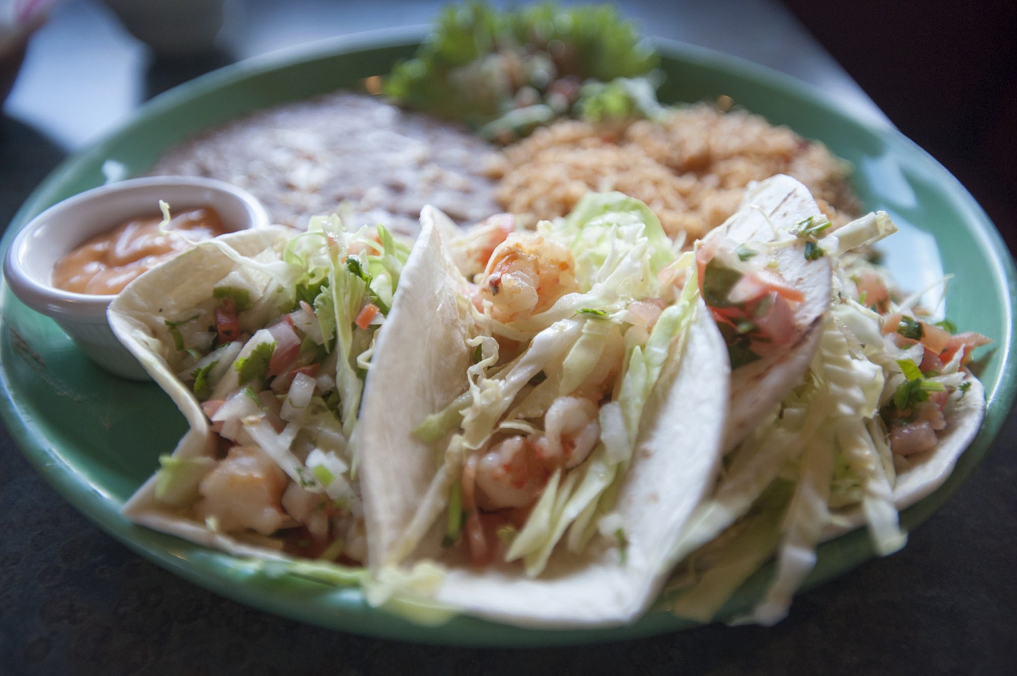 Fish tacos with shrimp substituted for the fish are served at 2 Margaritas Grill in Vancouver.