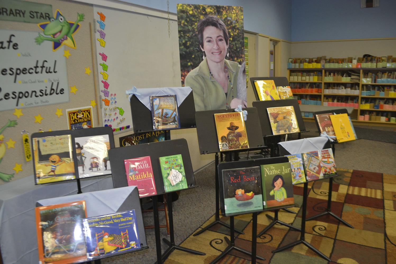 A memorial honors Hathaway Elementary School third-grade teacher Susan Champion on Sept. 16 in the library.