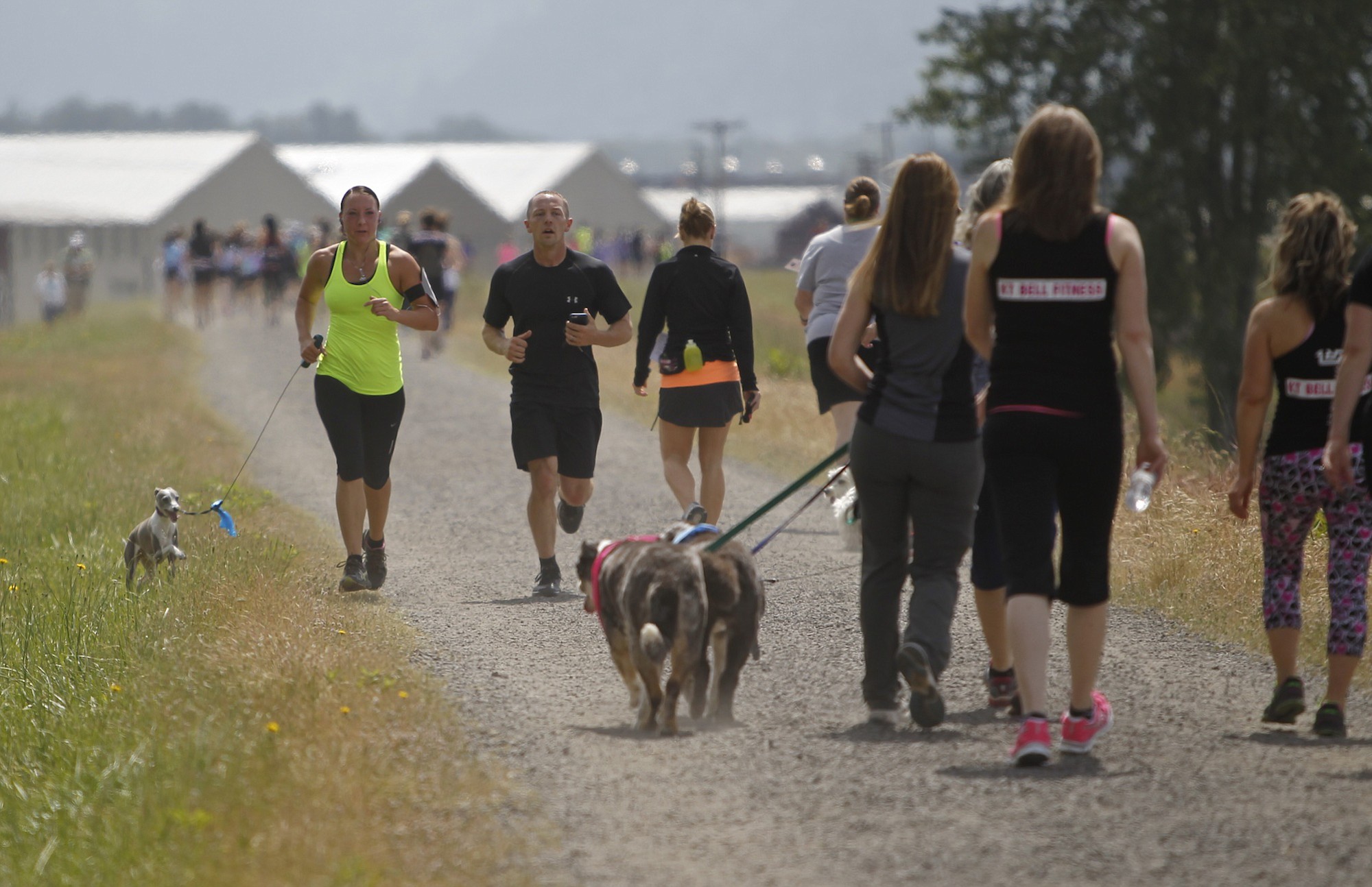 Jody and Jason Beach of Washougal -- and their 6-year-old Italian greyhound, Enzo -- run toward the finish of the Hike on the Dike 10K in Washougal as walkers start out on the course.