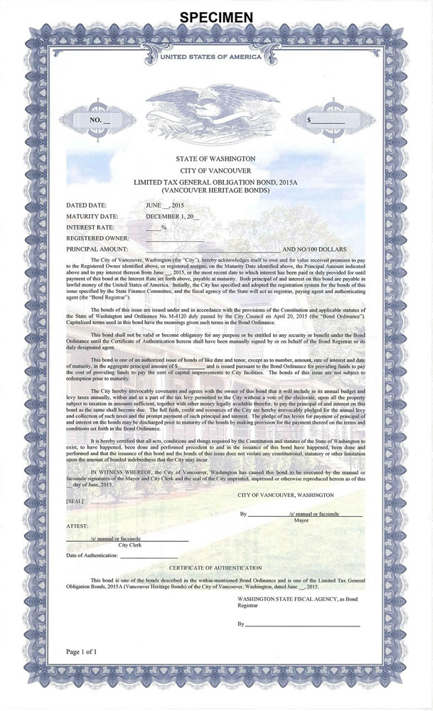 Vancouver Heritage mini bond purchasers will receive a bond certificate like this one, which they'll need to keep in a safe place until it reaches maturity.