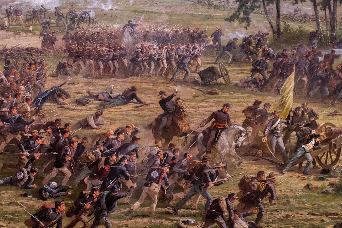 A 12-foot section of the 377-foot-long &quot;Battle of Gettysburg&quot; painting shows Gen. John Gibbon on horseback, waving his sword as his troops blunted Pickett's Charge. Gibbon did have one accuracy issue: &quot;I am represented on a prancing sorrel.