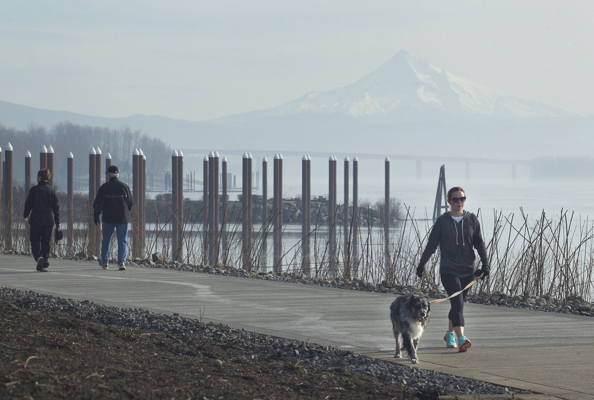 Briana McCartney walks with her dog, Gaia, along Vancouver's Waterfront Renaissance Trail, which reopened Friday after repairs to two sections damaged by high river flows in 2011 were completed.