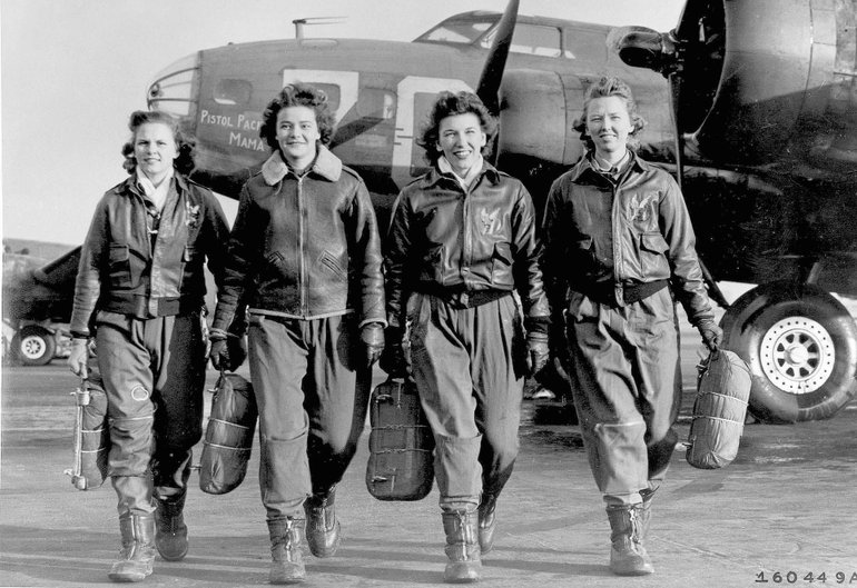 Blanche Bross, far right, and three other Women Airforce Service Pilots walk away from their B-17 at Lockbourne Army Air Base in Ohio during WWII.