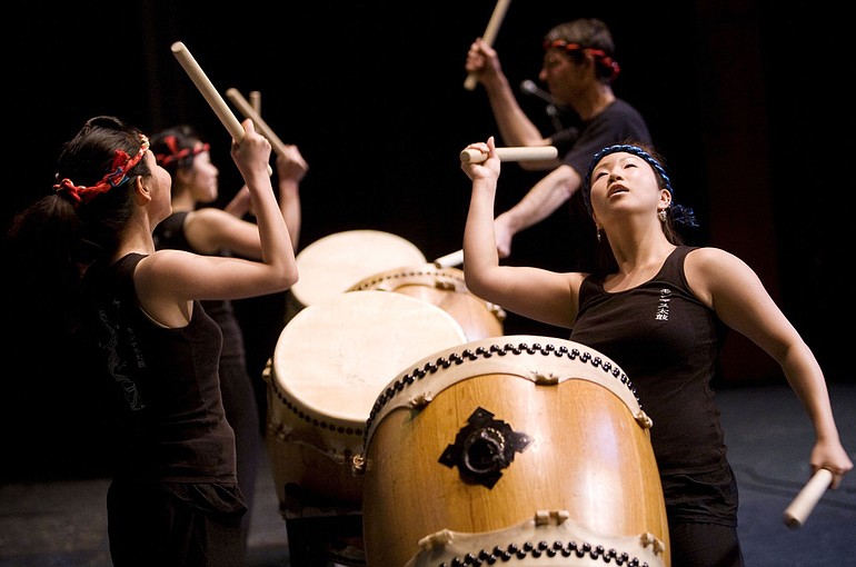 Monmouth Taiko, a percussion group from Monmouth, Ore., plays a sukeroku drumming piece Saturday afternoon at Washougal High School's fifth annual the Japanese Festival.