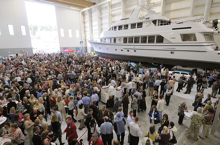 Some attendees waited as long as 40 minutes to get a glimpse inside the $7.5 million Cacique, a 120-foot yacht being refurbished at Christensen Shipyards on Tuesday in Vancouver.