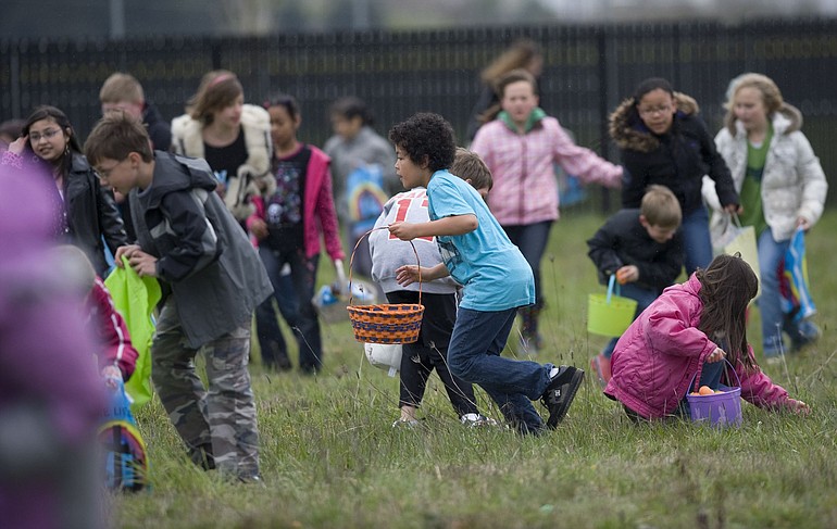 Children scour a field behind the LifePoint Church for a &quot;golden&quot; Easter egg as well as candy-filled eggs at a hunt Saturday.