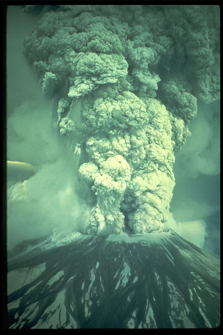 The eruption of May 18, 1980 sent volcanic ash, steam, water and debris to a height of 60,000 feet.