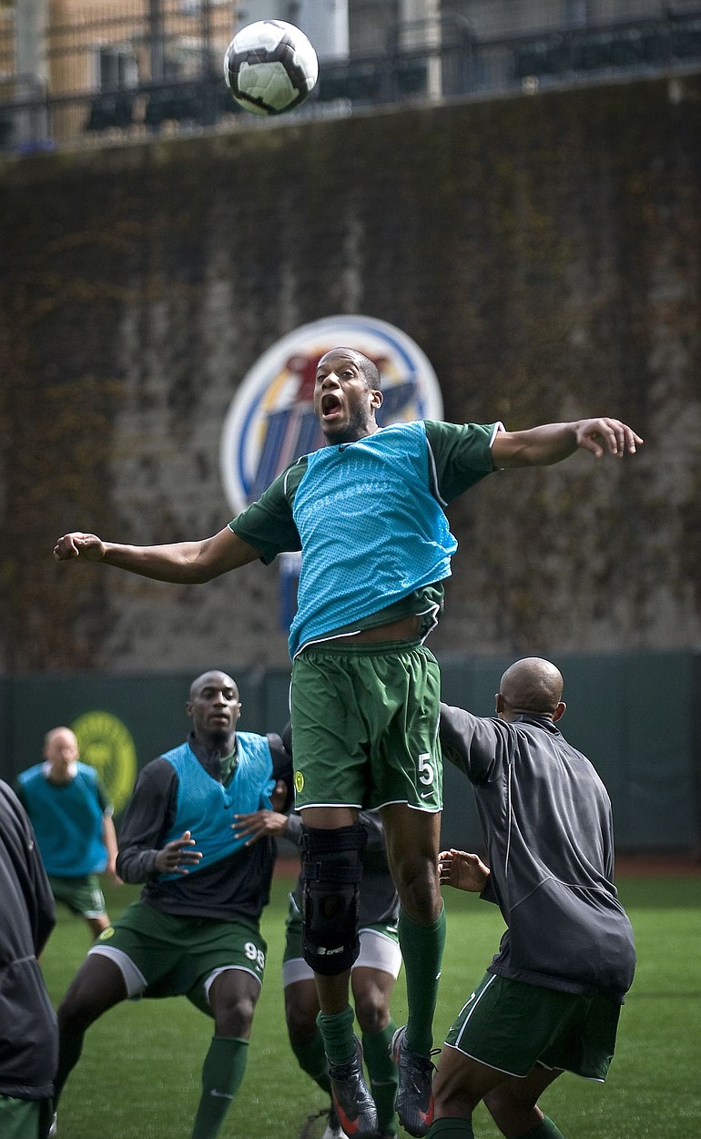 Timbers defender Quavas Kirk heads the ball during practice Thursday at PGE Park.