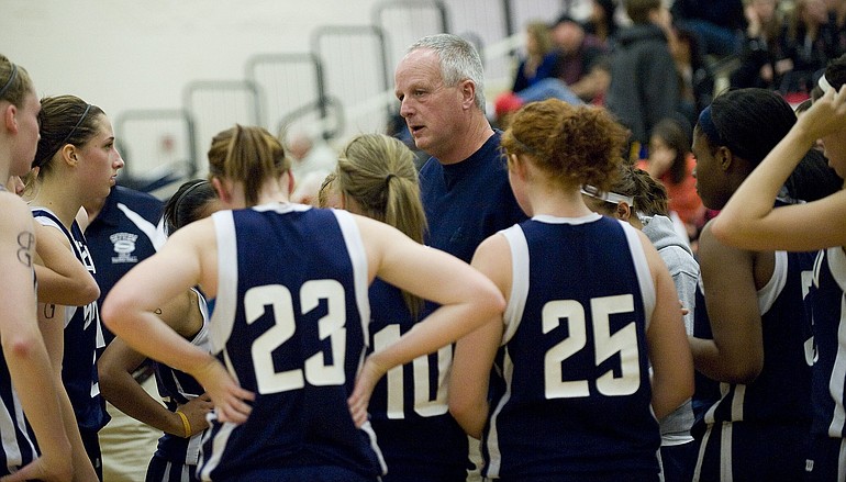 Skyview girls basketball coach Steve Hook talks to his players during a game last season.