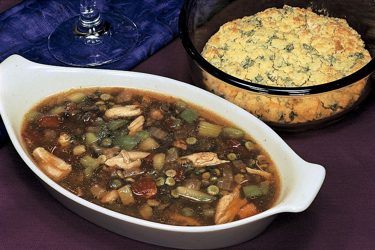 This photo from John Kallas' book, 'Edible Wild Plants -- Wild Foods From Dirt to Plate,' shows Chicken Mumbo Gumbo Soup, sprinkled with a few fresh mallow peas and accompanied by mallow pea corn bread.