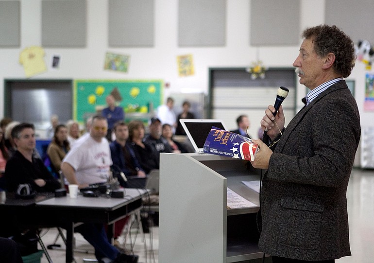 Tom Niewulis, a Battle Ground business consultant and a founder of We the People Vancouver, speaks about the legacy of Thomas Jefferson at its May 4 meeting at Harney Elementary School.