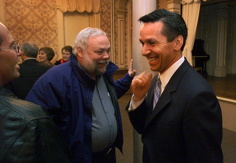 State Sen. Dino Rossi, right, enjoys a laugh with a group of Clark County Republicans, including Sen. Don Benton, prior to a 2003 campaign speech in Vancouver during Rossi's first run for governor. Benton has been a strong Rossi supporter, but says Rossi's indecision about whether to run for the U.S.
