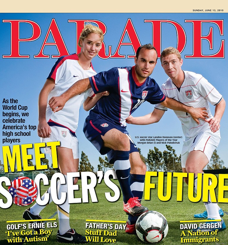 Camas High School junior Nick Palodichuk, right, will appear on the cover of Sunday's Parade Magazine with U.S soccer star Landon Donovan and girls national player of the year Morgan Brian.