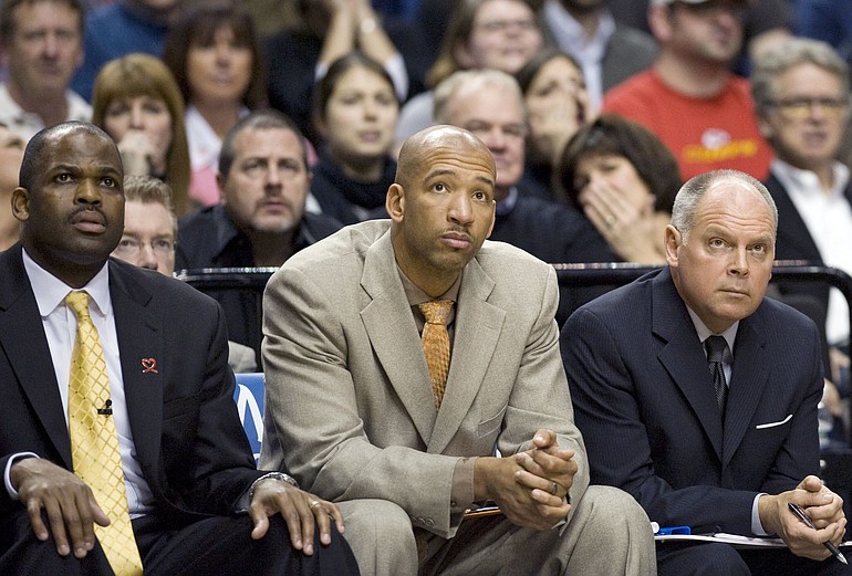 Former Blazers assistant coach Monty Williams, center, is taking the knowledge he learned from Blazers head coach Nate McMillian, left, to his new job as head coach of the New Orleans Hornets.