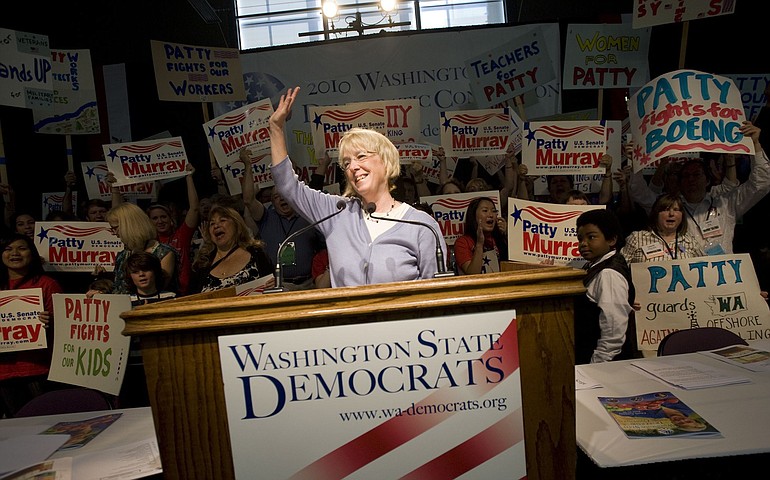 Sen. Patty Murray wore her trademark tennis shoes as she accepted her party's nomination for a fourth Senate term Saturday at the state Democratic Convention at the Clark County Event Center.
