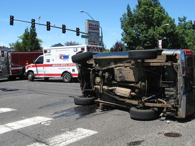 An SUV ended up on its side after a four-vehicle Saturday afternoon crash on East Mill Plain Boulevard near Southeast 136th Avenue.
