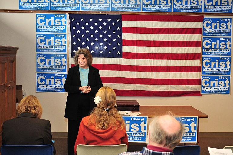 Olympia anti-war activist Cheryl Crist, shown here in this 2008 photo announcing an earlier run for Congress, is running again for the 3rd Congressional District seat.
