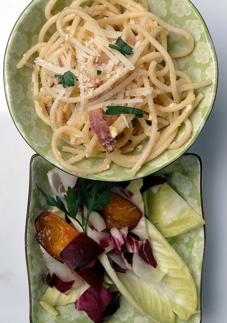 Spaghetti Carbonara and Sunchokes with Peaches, Radicchio and Endive are dishes associated with &quot;Eat Pray Love.&quot;