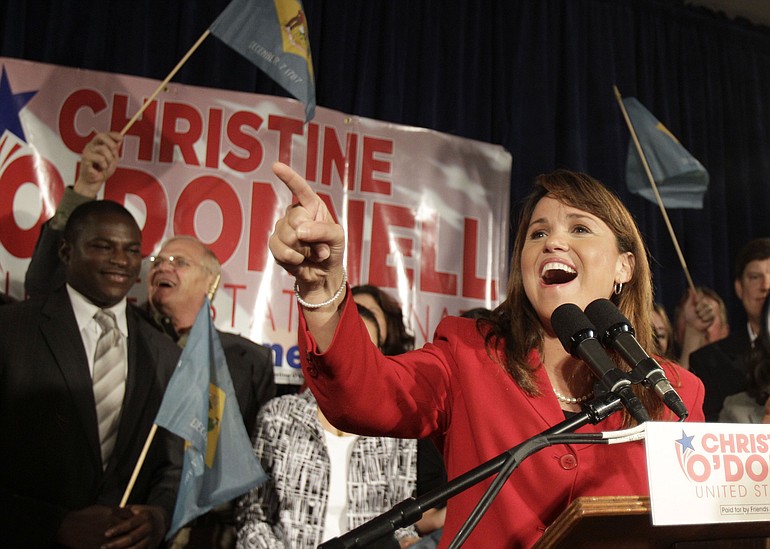 Republican Senate candidate Christine O'Donnell addresses supporters after winning the Republican nomination for Senate in Delaware on Tuesday. O'Donnell upset Rep.