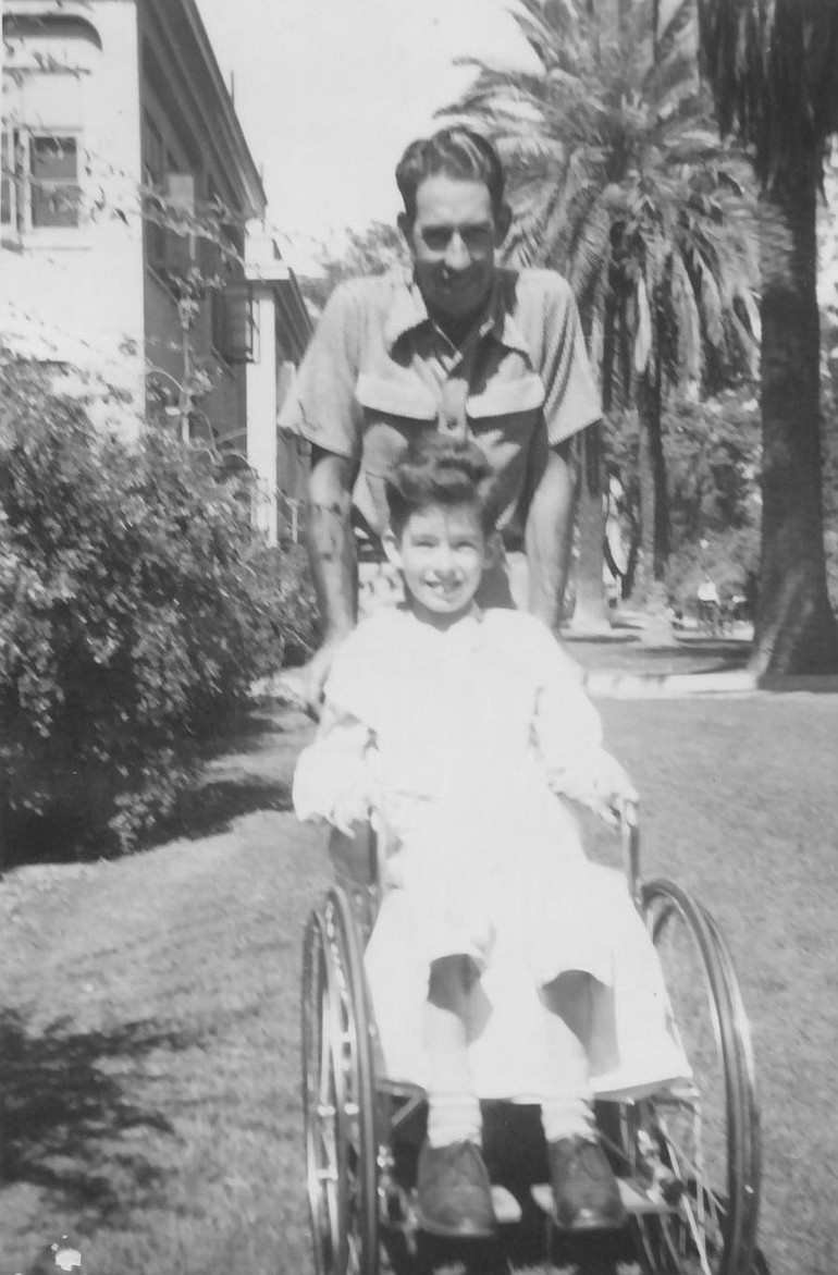 Ross and son Jerry Daniel in 1948 at the Los Angeles County Poor Farm, which also housed medical facilities for polio rehabilitation.