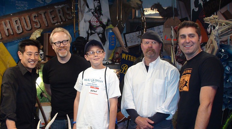 Matthew Bacon, center, and his family, not pictured, visited the stars of the Discovery Channel show MythBusters on a Make-A-Wish trip in August.
