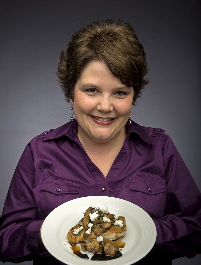 Monica King with the Balsamic Mushroom Chicken with Honey Goat Cheese recipe that took her to the finals in the Foster Farms West Coast Chicken Cooking Contest.