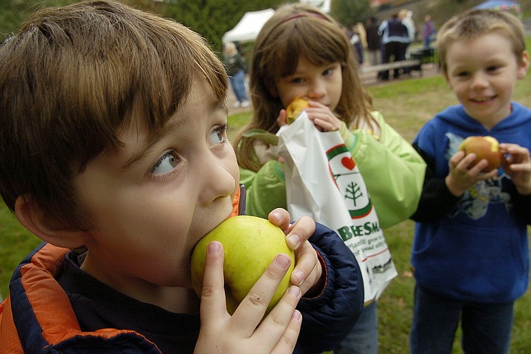 Children sample the bounty of local orchards at the 2005 Old Apple Tree Festival.