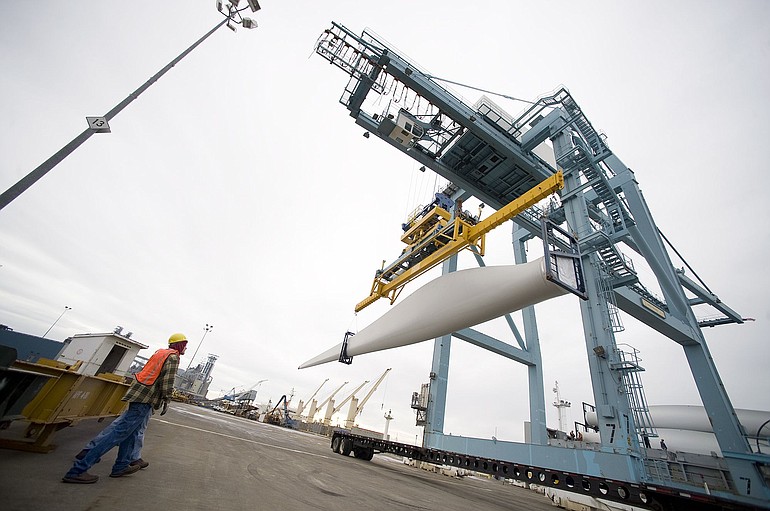 Wind turbine blades are unloaded at the Port of Vancouver.