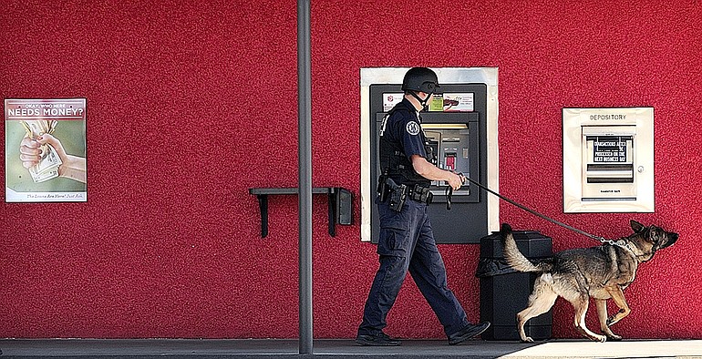 A Port of Portland K-9 explosives unit officer helps Vancouver police search for a suspect after a bank robbery at First Independent Bank in the Vancouver Heights area Wednesday. The suspect handed a teller a note indicating he had a bomb.