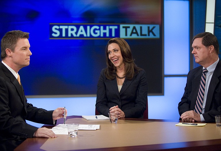 Anchor Russ Lewis, left, moderates a debate Friday between Jaime Herrera and Denny Heck on KGW-TV's &quot;Straight Talk.&quot; The program airs at 6:30 p.m.