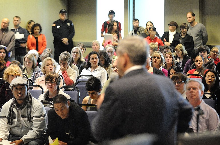 Bob Knight, president of Clark College, speaks to a large Gaiser Student Center crowd on Monday.