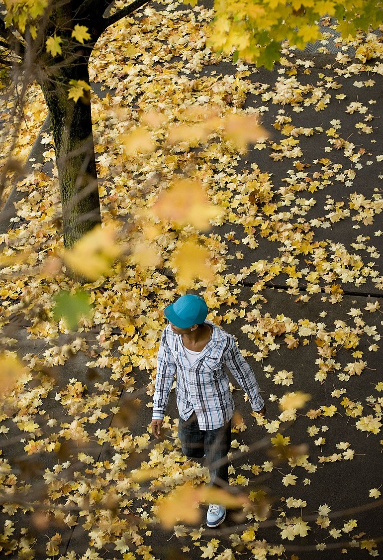 A pedestrian strolls amid fallen leaves near a parking garage at Columbia and Ninth streets in downtown Vancouver on Monday.