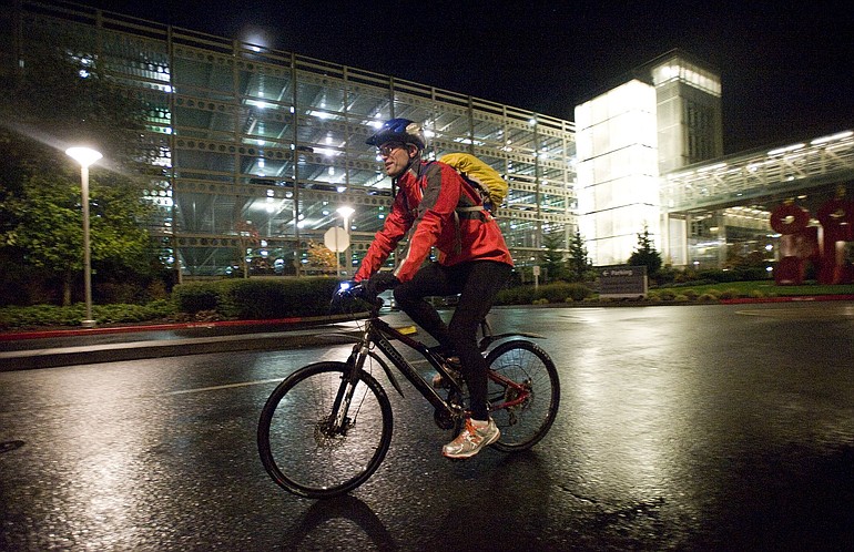 Gerald Bliege, who works at Legacy Salmon Creek Medical Center, commutes on his bike Nov.