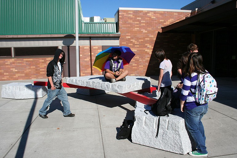 Evergreen: Students use a new sculpture by Brian Goldbloom, which was installed at Evergreen High School.