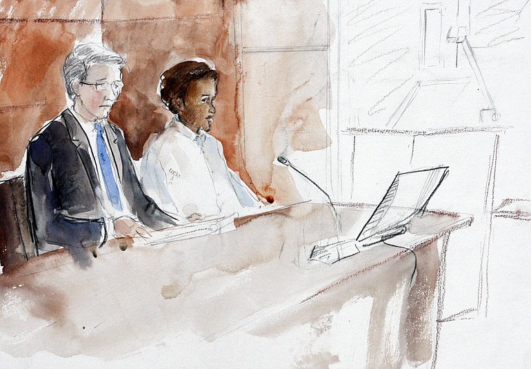 This courtroom artist's sketch shows terror suspect Mohamed Osman Mohamud, right, and chief deputy public defender Stephen R.