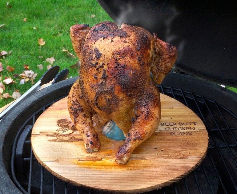 The Beer Butt Chicken Plank is a gift idea from Ridgefield cookbook author Rick Browne. This round cedar plank has a hole in center for beer can, over which you place a chicken. You get both the beer and cedar flavors, and the beer also helps keep the chicken moist.