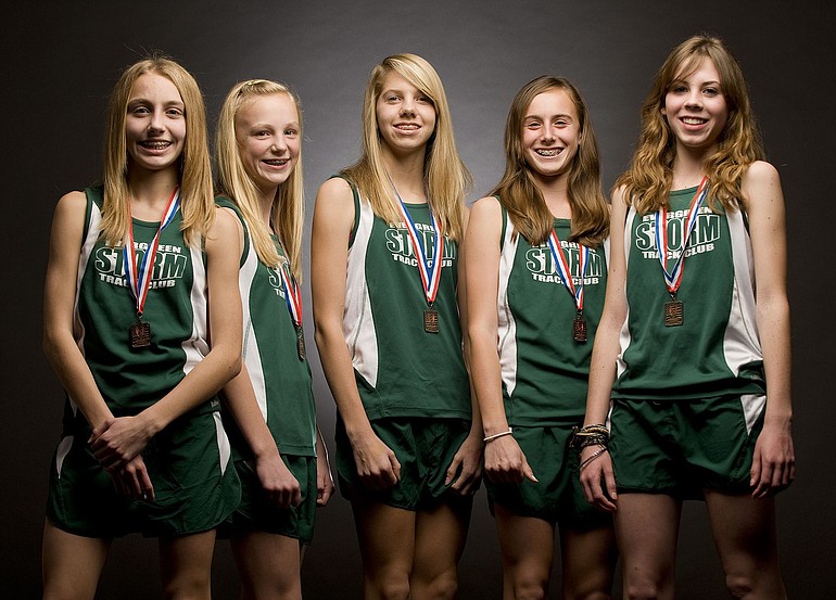 From left, Alexis Fuller, Cassie McKinney, Lexa Howell, Alexa Efraimson and Alissa Pudlitzke ran at nationals for the Evergreen Storm.