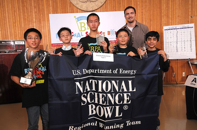 A team of Shahala Middle School students took first place in Bonneville Power Administration's 20th annual Science Bowl. Students are Peter Lu, from left, Ming Liu, Victor Chang, Eric Hou and Daniel Rodricks.
