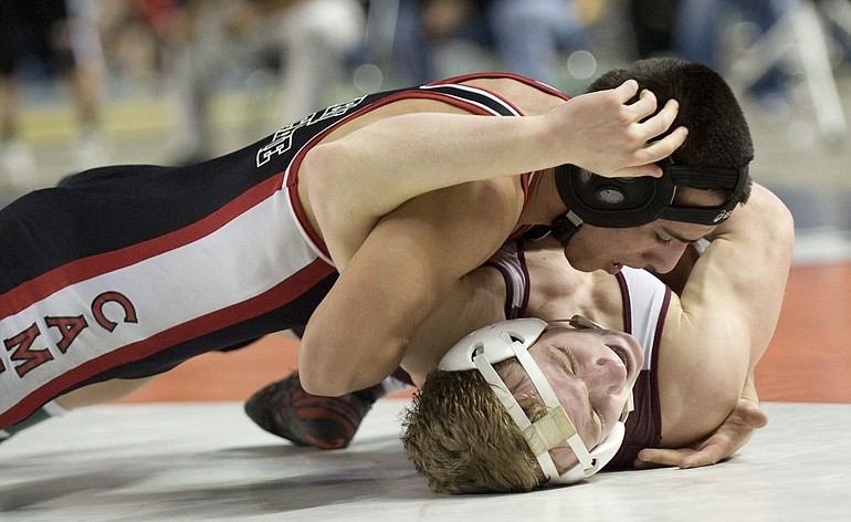 Camas' Miguel Salamanca defeated Blake Johnson of Mercer Island in the 145-pound quarterfinal at thes state wrestling tournament.