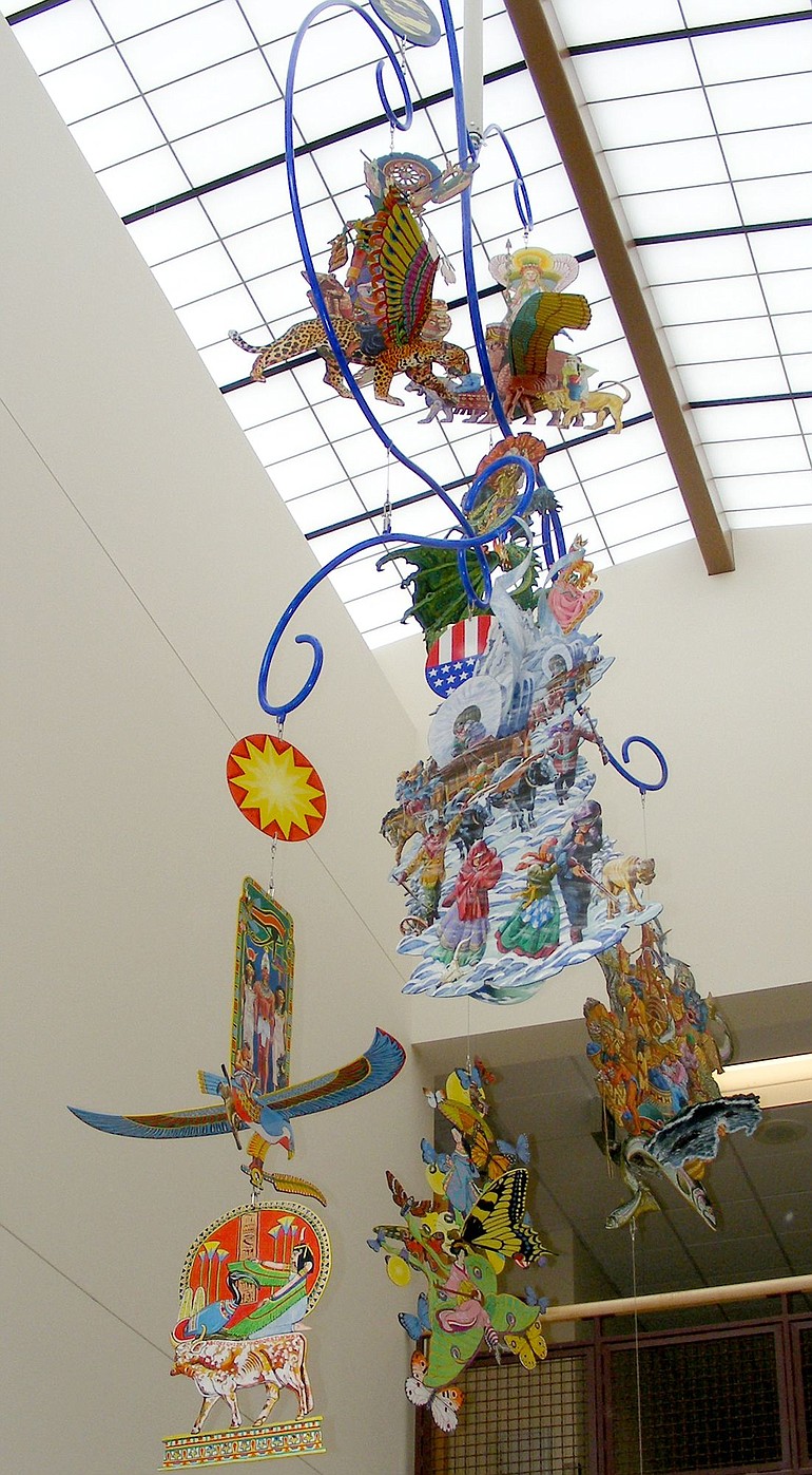 &quot;Wings Around the World&quot; mobile by Seattle artist Terry Furchgott hangs in Chief Umtuch Middle School in Battle Ground.