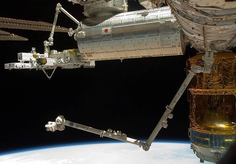 The coastal ocean imaging system is above the V-shaped structure under the &quot;space porch,&quot; at left, of the Japanese lab on the International Space Station.