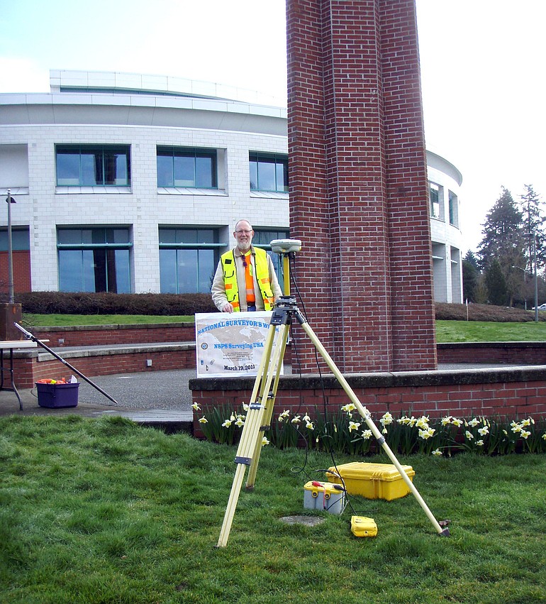 John Thomas, PLS, set up his survey equipment at the Chime Tower at Clark College for the Surveying USA national event.