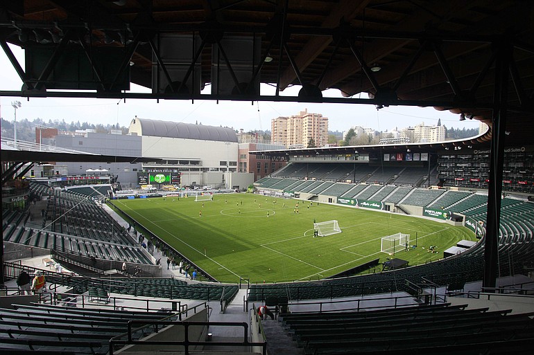 The Portland Timbers practice on the newly renovated Jeld-Wen Field on Tuesday.