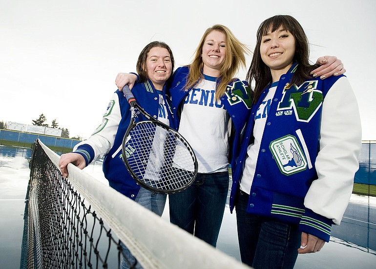 Mountain View High School senior tennis players, from left, Jenna Grillo, Julie Christen and Shari Gray, Wednesday, April 13, 2011.